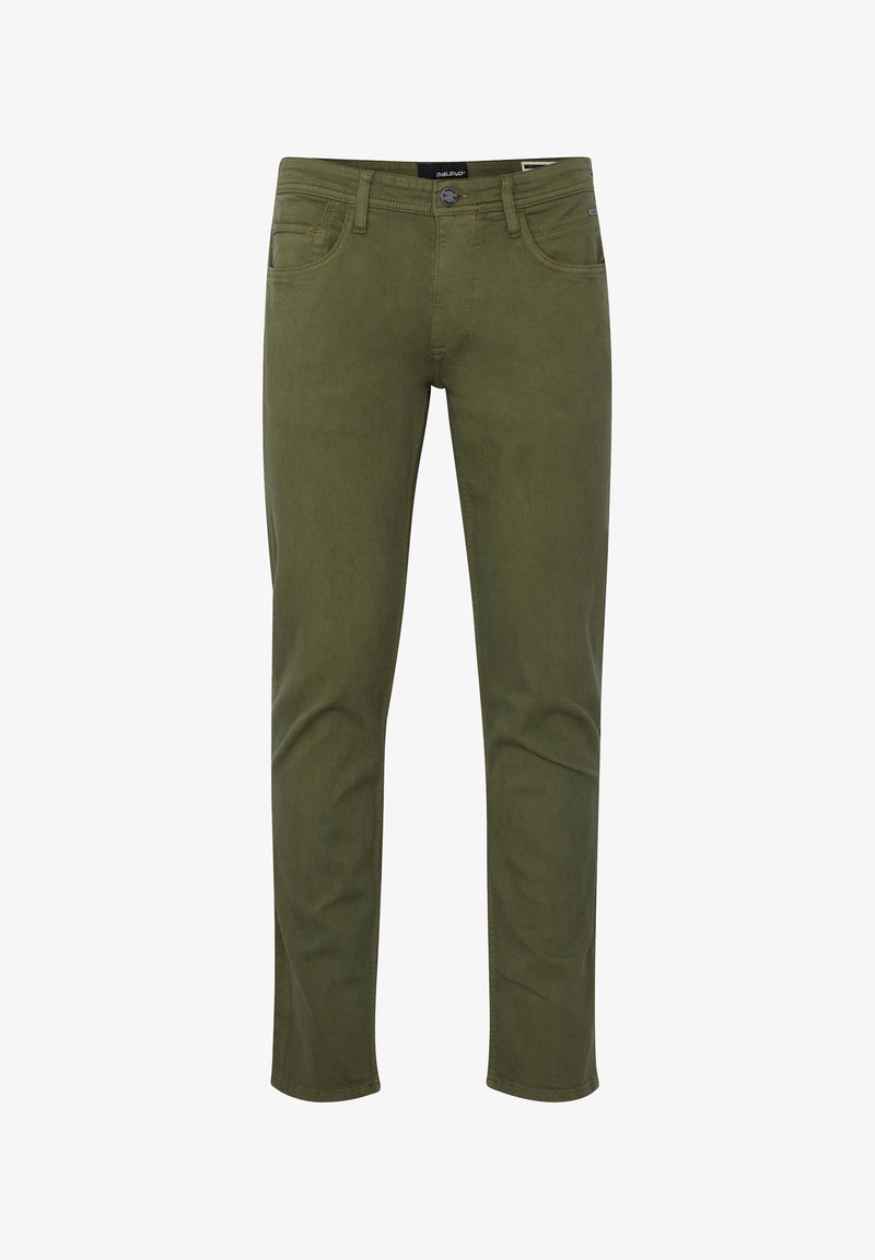 Pantalon vert olive à jambes droites avec poches avant, passants de ceinture et fermeture à boutons.