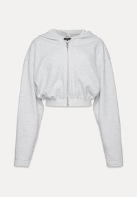 Šedá skrátená mikina s kapucňou a zipsom, s rebrovaným lemom. Vyrobená z jemnej látky, s dlhými rukávmi a vyšívaným logom na páse.