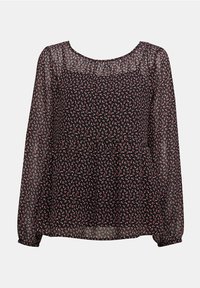 Blusa nera trasparente con maniche lunghe, caratterizzata da un piccolo motivo floreale in rosso e bianco, e un collo rotondo. Tessuto leggero e fluido.