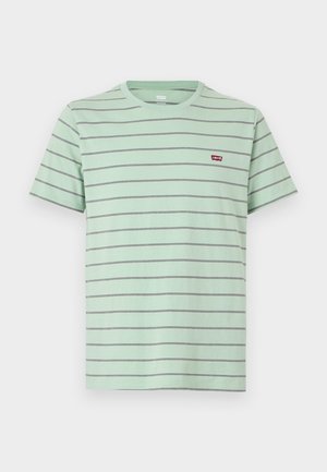Light green short-sleeve T-shirt with thin black horizontal stripes and small red Levi's logo on the left chest.