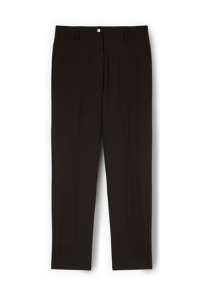 Pantalon noir à jambes droites avec passants pour ceinture, poches latérales et fermeture frontale à boutons.