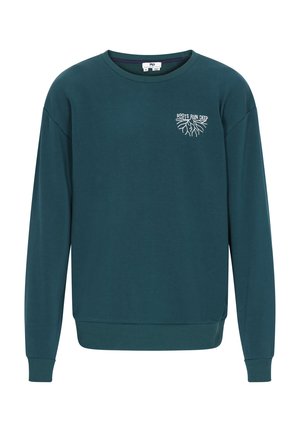 Tunika z długim rękawem w kolorze teal z białym napisem "Roots Run Deep" oraz grafiką korzenia na lewej piersi.