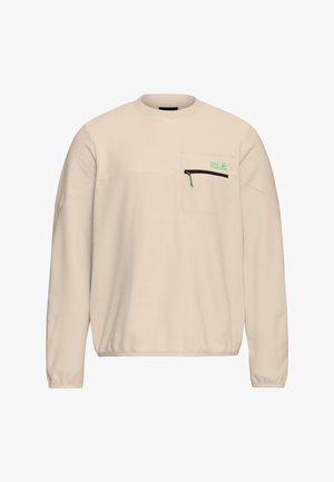 Beige sweatshirt met lange mouwen en ronde hals, met een borstzakje voorzien van een zwarte ritssluiting en een groen "Jack Wolfskin"-logo.