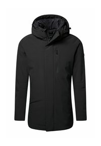 Schwarze isolierte Jacke mit Kapuze, ausgestattet mit einem Frontreißverschluss, Seiten- und Brusttaschen sowie einem eleganten Design. Glatte Außenstruktur.