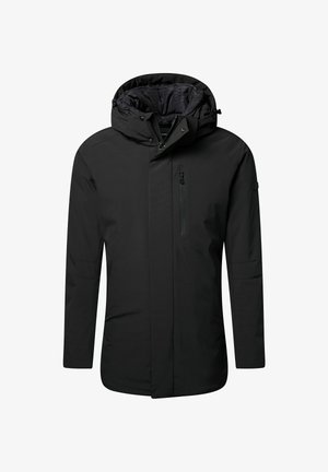 Giacca impermeabile nera con cappuccio, dotata di zip frontale, tasche laterali e sul petto, e un design elegante. Texture esterna liscia.