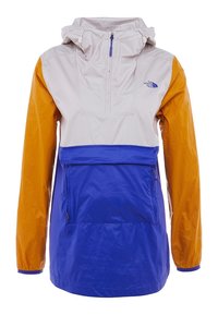 Lättviktsjacka med huva. Färgblockerat mönster i grått, orange och blått. Inkluderar framlomma och justerbara manschetter.