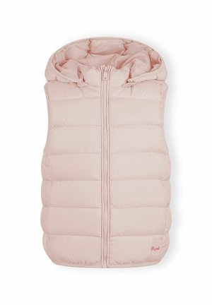 Jasnoróżowa pikowana kamizelka bez rękawów z kapturem i zamkiem z przodu, z poziomymi przeszyciami i małym haftowanym logo w prawym dolnym rogu.
