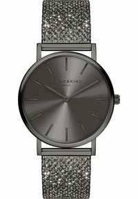 Runde graue Uhr mit minimalistischem Ziffernblatt und silbernen Akzenten; strukturiertes metallisches Mesh-Armband sorgt für Glanz und verfügt über eine sichere Schließe.