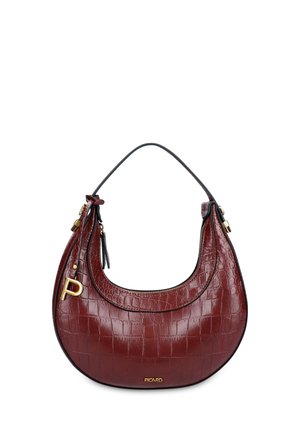 Dunkelrote Handtasche mit Krokodilprägung, goldfarbenem Reißverschluss und Beschlägen, einem Griff und dem Markennamen Picard vorne unten in der Mitte.
