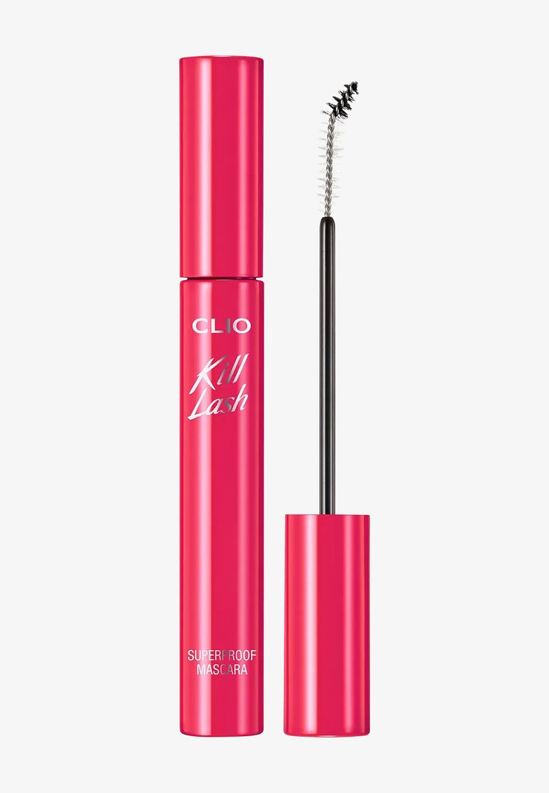 Tube de mascara waterproof Clio Kill Lash rouge avec une brosse noire incurvée et un bouchon retiré, présenté sur fond blanc.