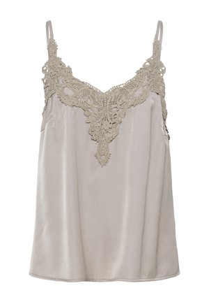 Camiseta de tirantes beis con intrincados detalles de encaje en el escote, tirantes ajustables y un acabado de tela suave y ligera.