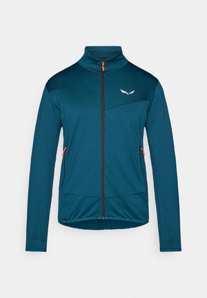 Jachetă sintetică turcoaz cu guler înalt, fermoar frontal complet, accente negre și un mâner de fermoar portocaliu; are material texturat și buzunare laterale.