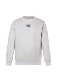 Sudadera gris con cuello redondo, puños y dobladillo acanalados. Presenta un logo negro de "VINTAGE DENIM GEAR" en el pecho. Textura suave.