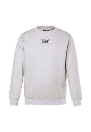 Grauer Sweatshirt mit runden Ausschnitt, Rippbündchen und -saum. Verfügt über ein schwarzes "VINTAGE DENIM GEAR"-Logo auf der Brust. Weicher Textur.