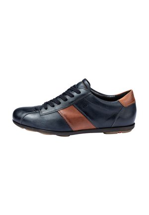 Men's leather sneaker in navy with brown accents, featuring a smooth finish, lace-up design, and a rubber sole for durability.