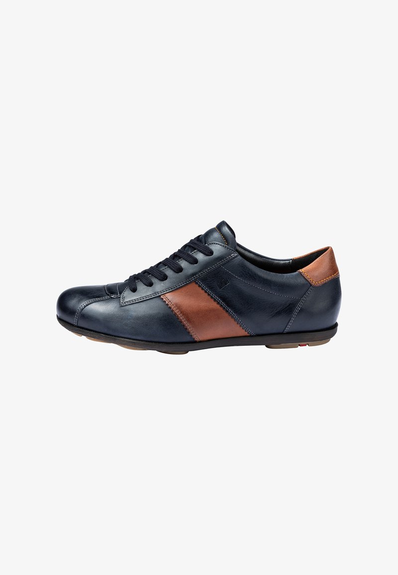 Men's leather sneaker in navy with brown accents, featuring a smooth finish, lace-up design, and a rubber sole for durability.