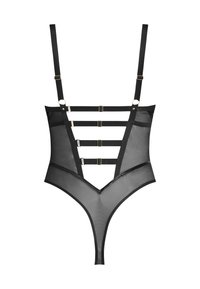 Černý body s průhledným elastickým materiálem, zdobený zlatými kovovými detaily, nastavitelnými ramínky a několika vodorovnými páskami na přední straně.