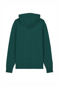 Donkerblauwe hoodie met lange mouwen, een relaxte pasvorm en een gladde stoftextuur. Beschikt over een ruime capuchon en geribbelde boorden.