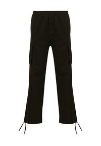 Black cargo pants with an elastic waistband, side pockets, and drawstrings at the hem; made from a lightweight fabric with a smooth texture.