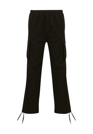 Pantaloni cargo neri con vita elastica, tasche laterali e lacci in fondo; realizzati in tessuto leggero con una superficie liscia.