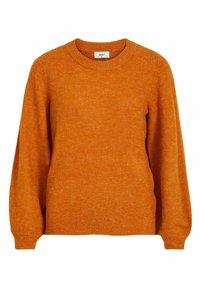 Orange knitted sweater with long sleeves, crew neckline, and ribbed cuffs. Soft texture with a slight melange pattern throughout.