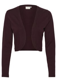 Cardigan corto bordeaux realizzato in morbido tessuto a maglia. Presenta maniche lunghe e un profondo scollo a V con un design frontale aperto e pulito.