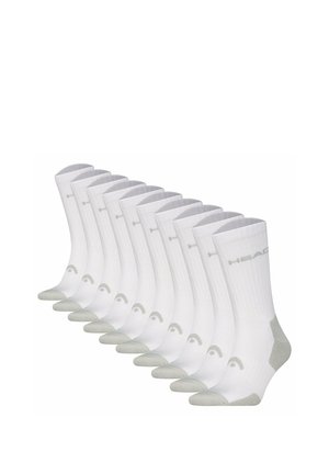 Ten pairs of white crew socks with gray toes and heels, arranged in a diagonal row on a white background.