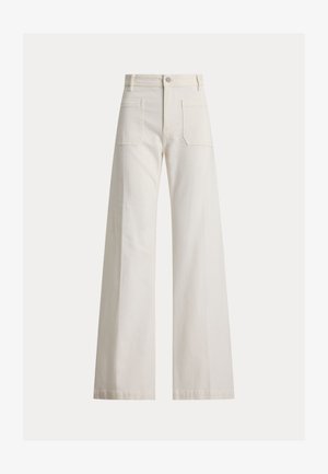 Krem hlače z visokim pasom in širokimi hlačnicami, z našitimi sprednjimi žepi in zaponko z gumbom ter zadrgo spredaj.