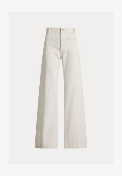 Κρεμ παντελόνι με ψηλή μέση και φαρδιά μπατζάκια, με εμπρόσθιες τσέπες και κλείσιμο με κουμπί και φερμουάρ μπροστά.