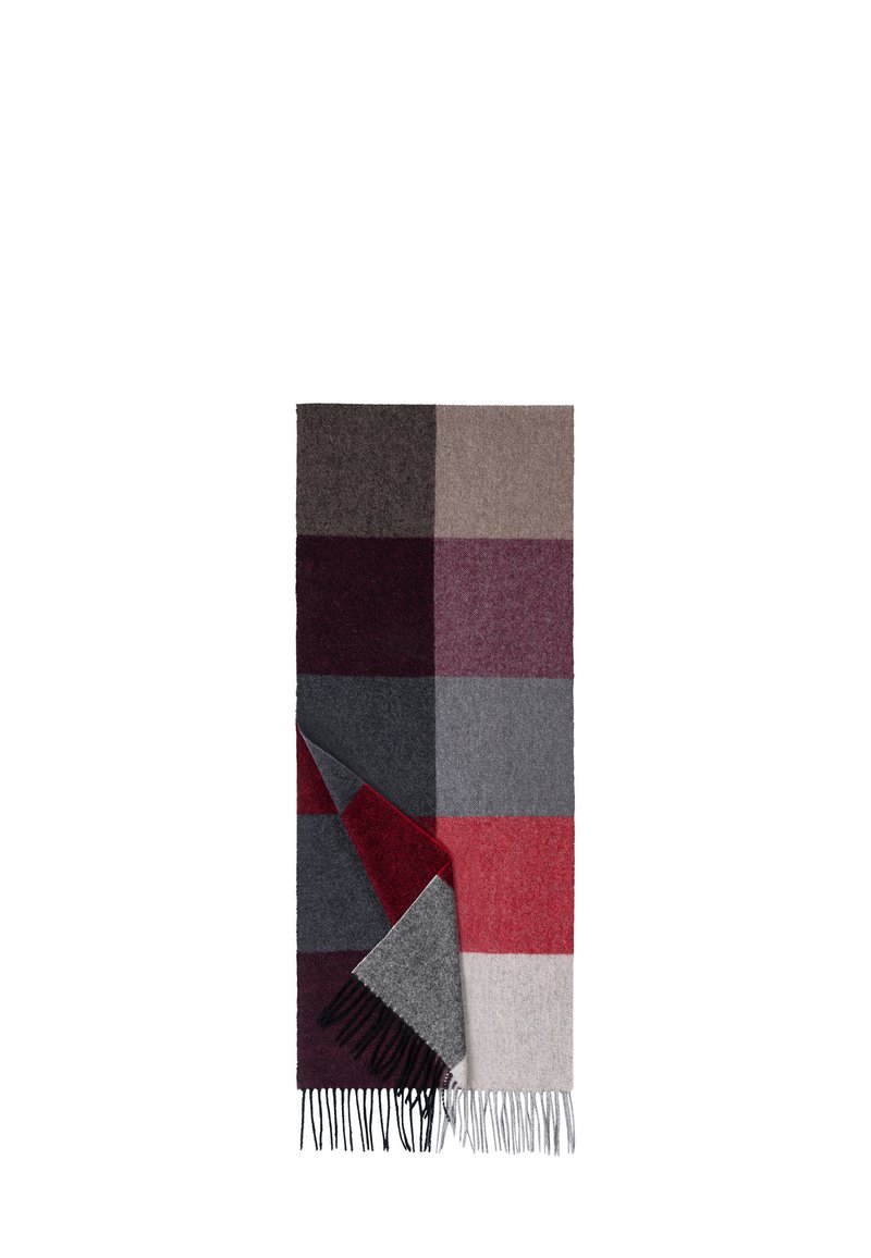 Wool blend blanket featuring a patchwork design with dark red, gray, and beige squares. Finished with fringe edges for texture.