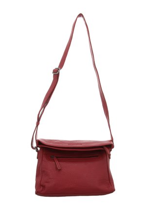 Red leather shoulder bag with adjustable strap, front zip pocket, and flap closure, isolated on white background.