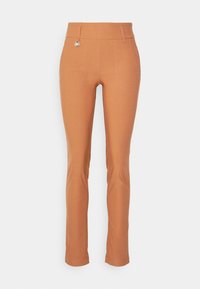 Kalhoty v teplé oranžovo-hnědé barvě, elastická látka, slim fit, s elegantním designem zahrnujícím přední kapsu a detail s kovovým knoflíkem.