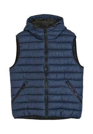 Granatowa pikowana kamizelka bez rękawów z przednim zamkiem błyskawicznym, kieszeniami na zamek po bokach oraz przymocowanym kapturem z troczkami.