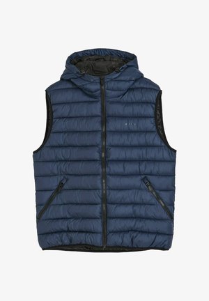 Granatowa pikowana kamizelka bez rękawów z przednim zamkiem błyskawicznym, kieszeniami na zamek po bokach oraz przymocowanym kapturem z troczkami.
