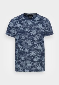 Navy blue t-shirt featuring a floral leaf pattern in light blue. Short sleeves and round neckline, made from soft cotton fabric.