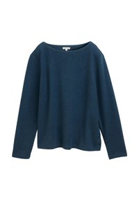 Dunkelblauer, langärmliger Pullover mit Boot-Ausschnitt. Weicher Stoff, lockere Passform, mit Knopfdetails auf der linken Seite.