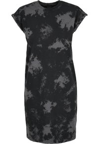 Vestido de camiseta negro con patrón de tie-dye gris. Tejido de algodón, escote redondo, mangas cortas, corte holgado, diseño hasta la rodilla.