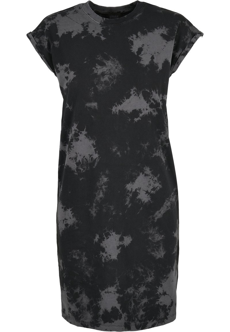 Vestido de camiseta negro con patrón de tie-dye gris. Tejido de algodón, escote redondo, mangas cortas, corte holgado, diseño hasta la rodilla.
