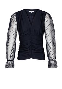 Námořnická blůza s hlubokým výstřihem do V, nařaseným pasem a průhlednými balónovými rukávy s puntíky. Texturovaná látka s nařasenými detaily v oblasti pasu.