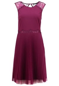 Mauve sukienka z gładkim satynowym topem, koronkowym detalem na ramionach i plisowanym dołem. Sukienka o długości midi z dopasowaną talią.