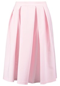 Gonna plissettata rosa pallido realizzata in un tessuto liscio. Presenta una vita aderente e arriva fino a metà polpaccio con morbide pieghe.