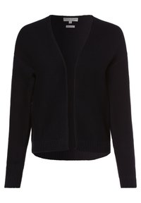 Cárdigan negro hecho de algodón orgánico, con un diseño de punto texturizado, frente abierto, hombros caídos y puños y bajo acanalados.