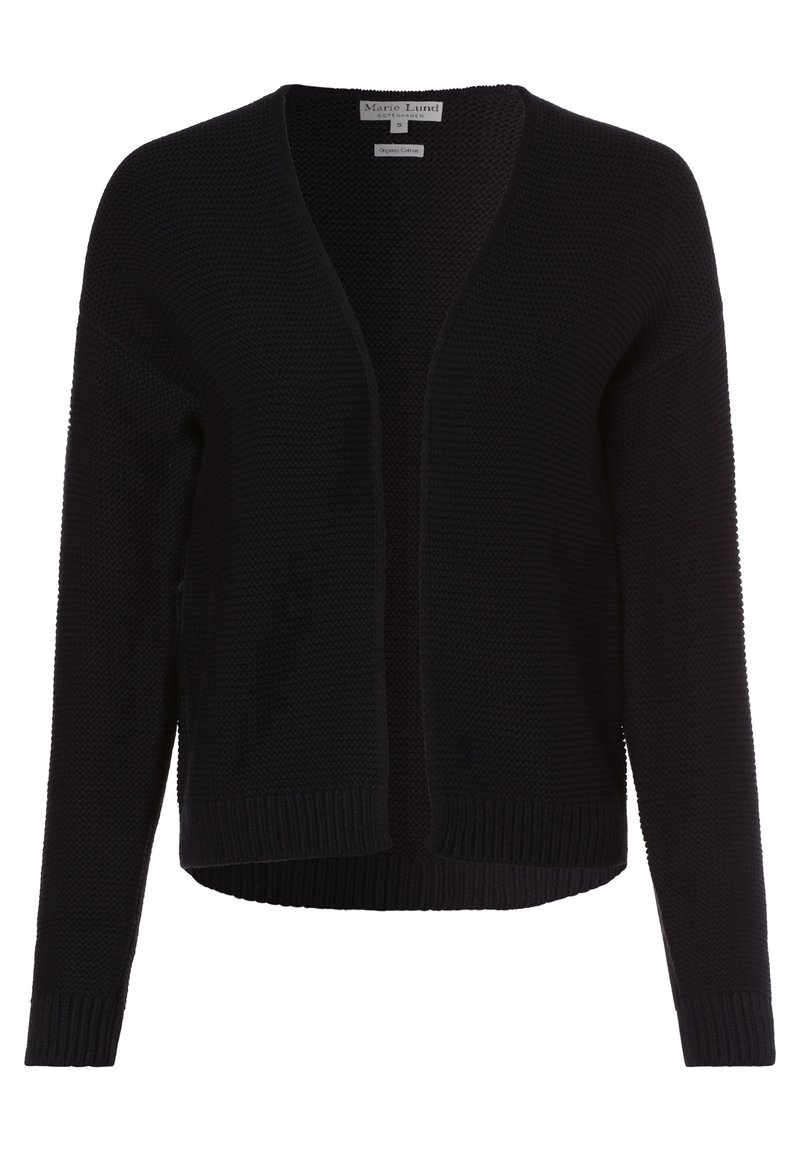 Cárdigan negro hecho de algodón orgánico, con un diseño de punto texturizado, frente abierto, hombros caídos y puños y bajo acanalados.