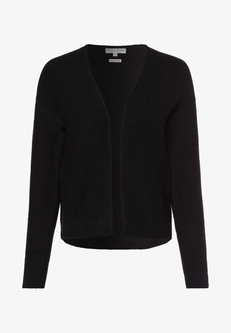 Cárdigan negro hecho de algodón orgánico, con un diseño de punto texturizado, frente abierto, hombros caídos y puños y bajo acanalados.