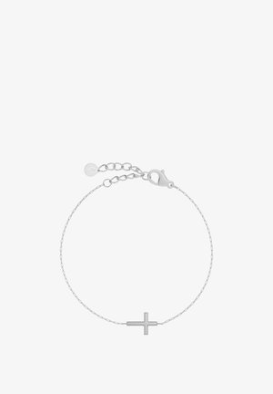 Strieborný náramok s jednoduchým krížikom, ktorý má karabínku a nastaviteľnú dĺžku. Hladký povrch, minimalistický dizajn.