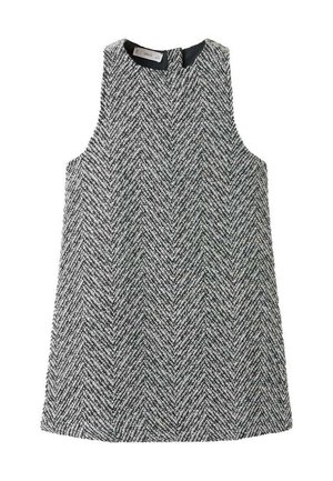 Ärmelloses A-Linien-Kleid in Grau und Weiß mit Fischgrätmuster, Rundhalsausschnitt und Reißverschluss am Rücken.