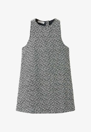 Ärmelloses A-Linien-Kleid in Grau und Weiß mit Fischgrätmuster, Rundhalsausschnitt und Reißverschluss am Rücken.