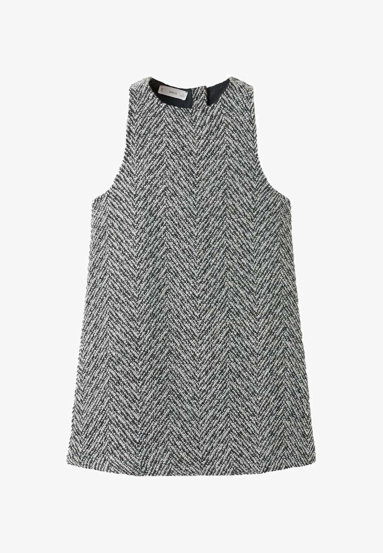 Abito senza maniche a line A con motivo a spina di pesce grigio e bianco, scollo rotondo e cerniera posteriore.