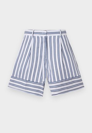 Shorts rayés avec des lignes verticales bleues et blanches, un large ourlet et un design plissé à l'avant. Fabriqués en tissu léger.