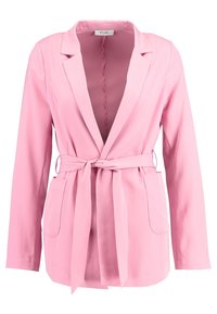 Blazer rose à manches longues avec col à revers, deux poches avant et ceinture assortie en tissu nouée à la taille.